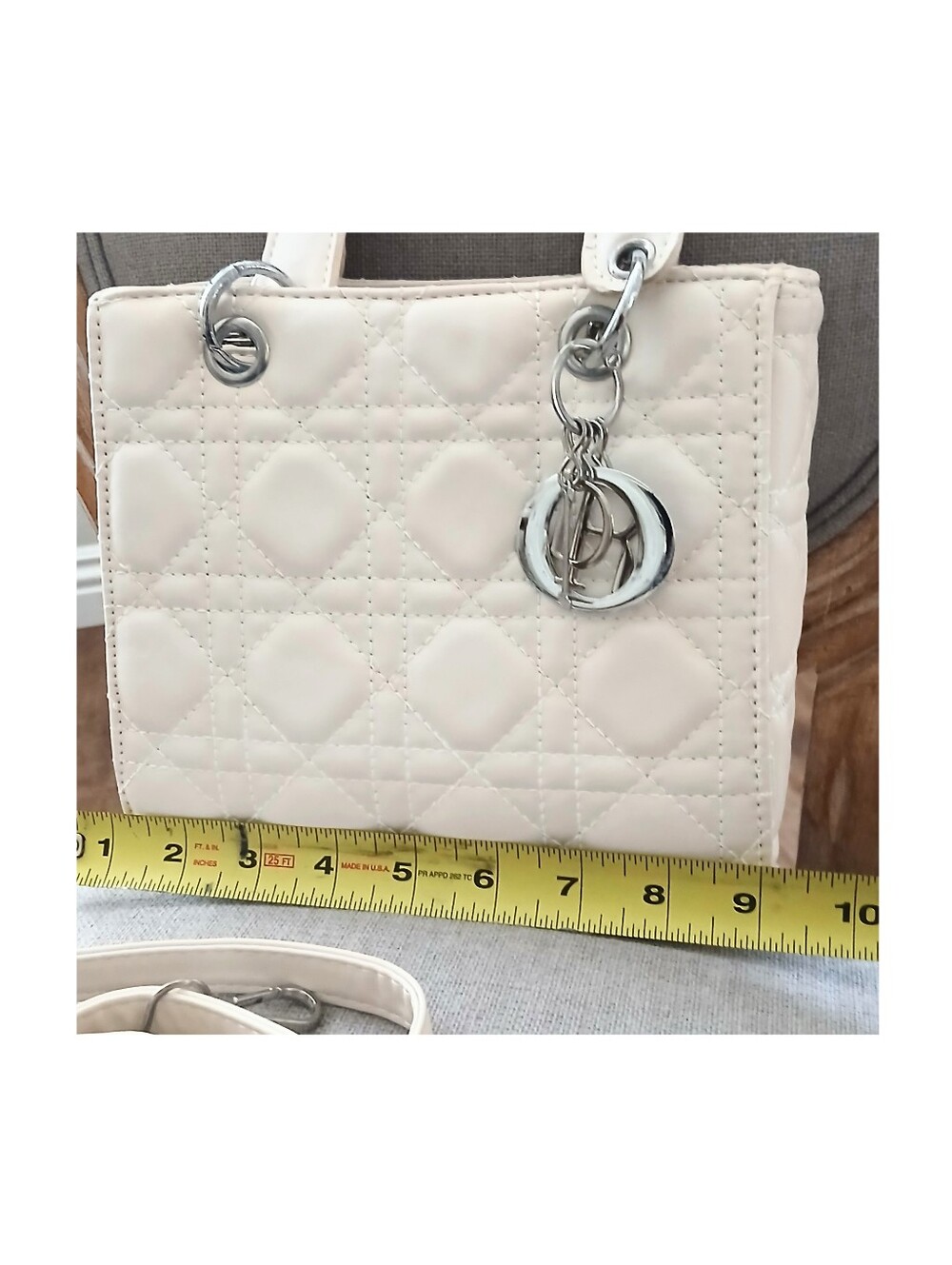 Mini Cream Quilted Top-Handle Bag with Silver Hardware Initials - Picture 6 of 6